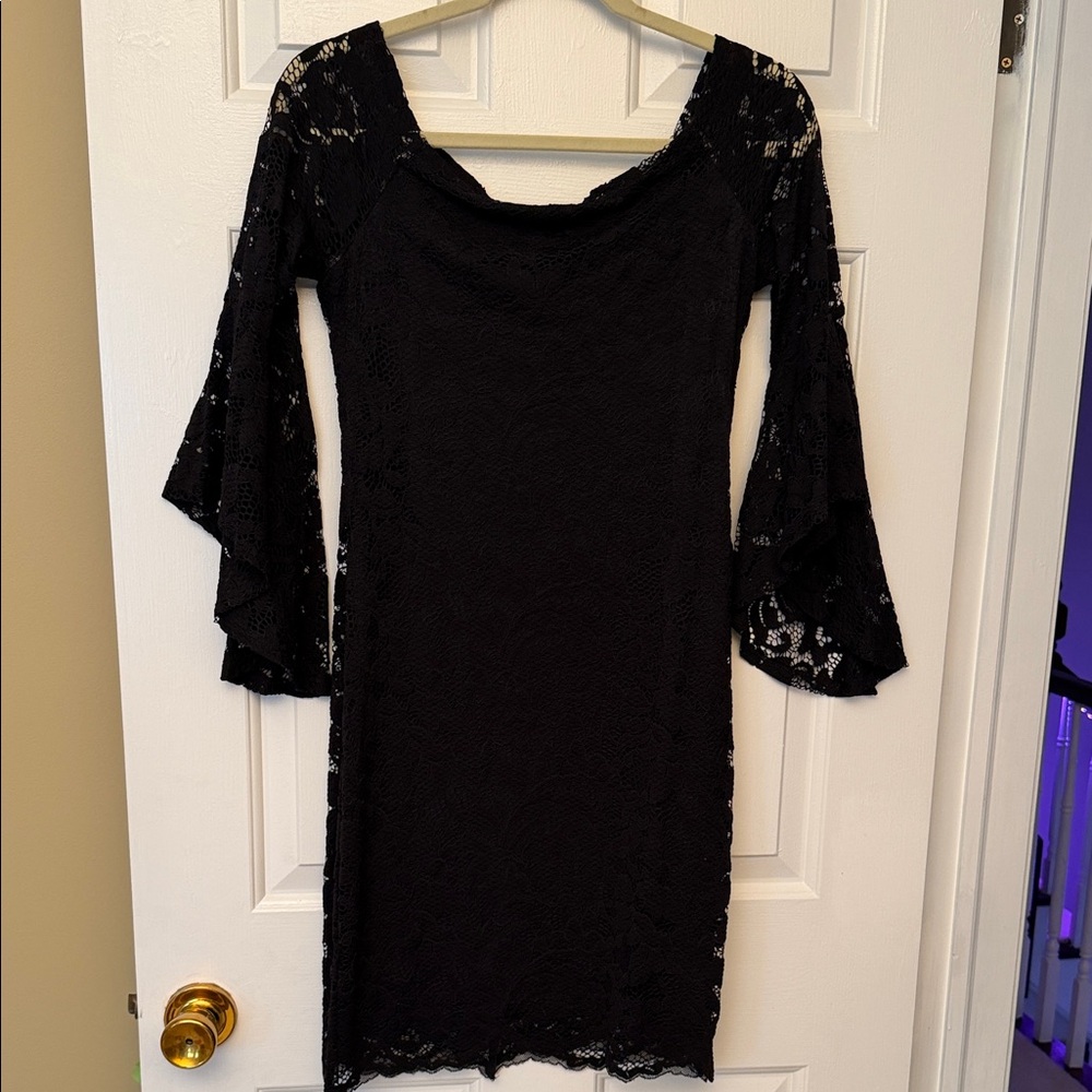 Karen Kane Black Lace Bell Sleeve Mini Dress